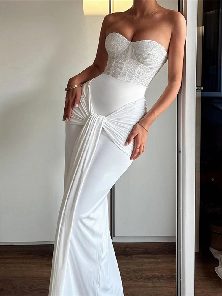 Sisterlinda Sexy Strapless Dress Woman Sequins Patchwork Backless Knot Ribbon Wrap Hip Midnight Prom Party Elegant Long Bodycon 5