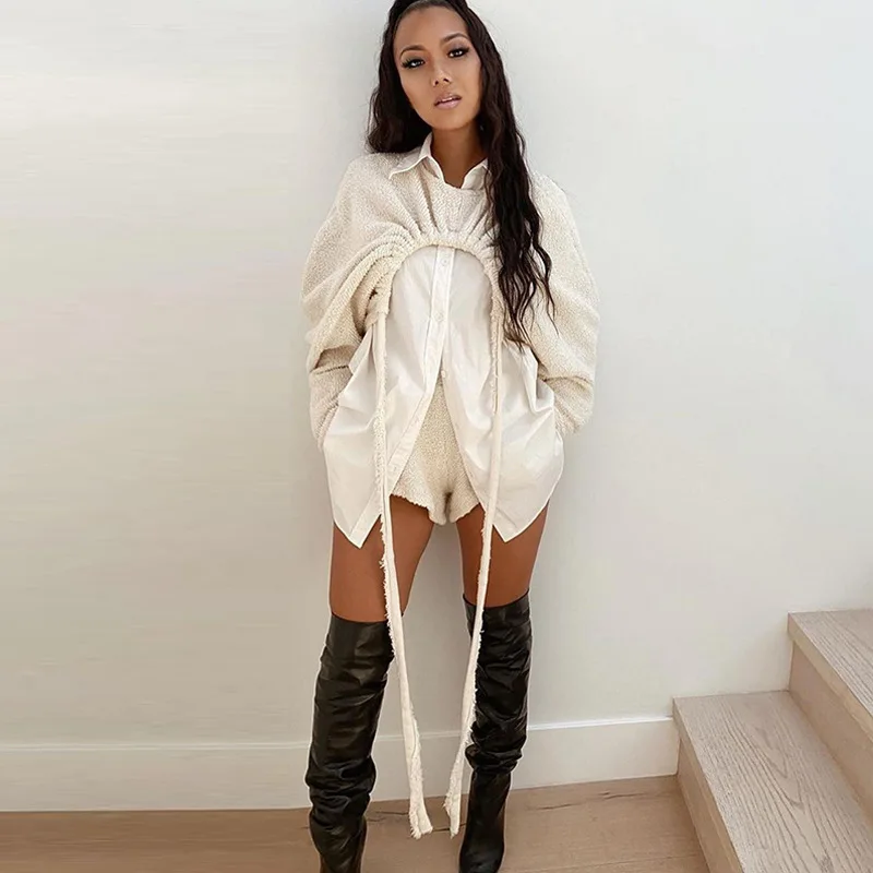Autumn Women's Two-piece Suit 2023 New Ladies Fashion Solid Color Long-sleeved Fleece Sweater Drawstring Shorts Suit Women