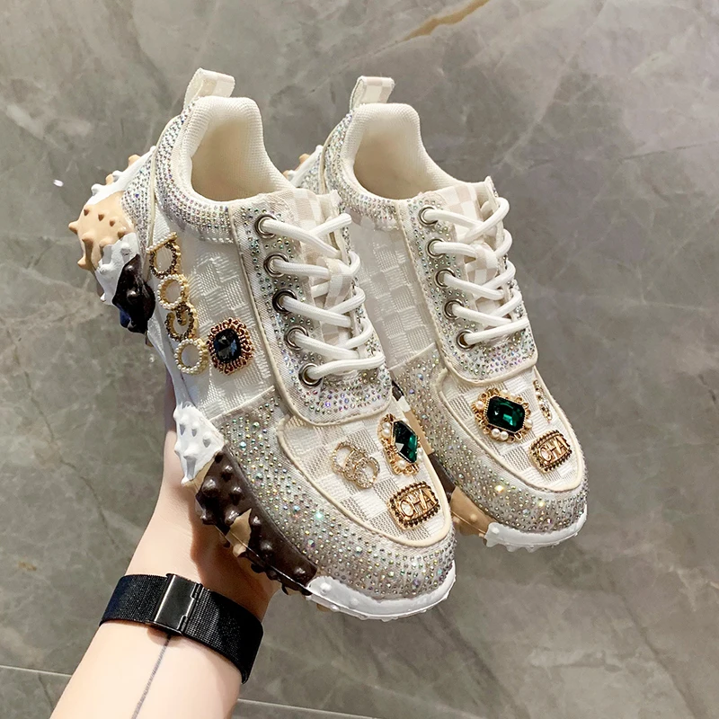 

Autumn Luxury Rhinestone Sneakers: Designer Thick-Bottom Shoes for Women, Ideal for Casual Wear, Jogging, and Walking