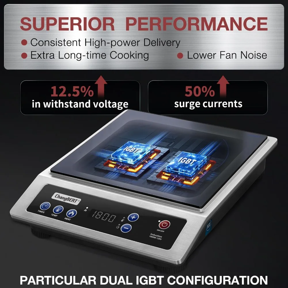 Induction Cooktop, Commercial Grade Portable Cooker, Large 8&rdquo; Heating Coil, 18/10 Stainless Steel Countertop Burner