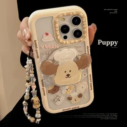 Clear Magnetic Phone Case with Cartoon Puppy Design and Chain - iPhone 15 (With Lanyard holder)