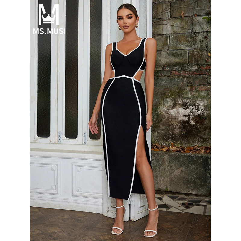 

MSMUSI 2024 New Fashion Women Sexy Solid Strap Hollow Out Sleeveless Backless Bandage Bodycon Party Club Event Slit Midi Dress