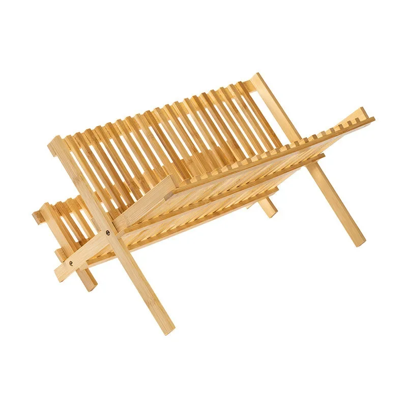 Folding Bamboo Dish Drainer Utensil Drying Rack Holder Wooden Plate Storage Rack Kitchen Space-Saving Dish Organizer