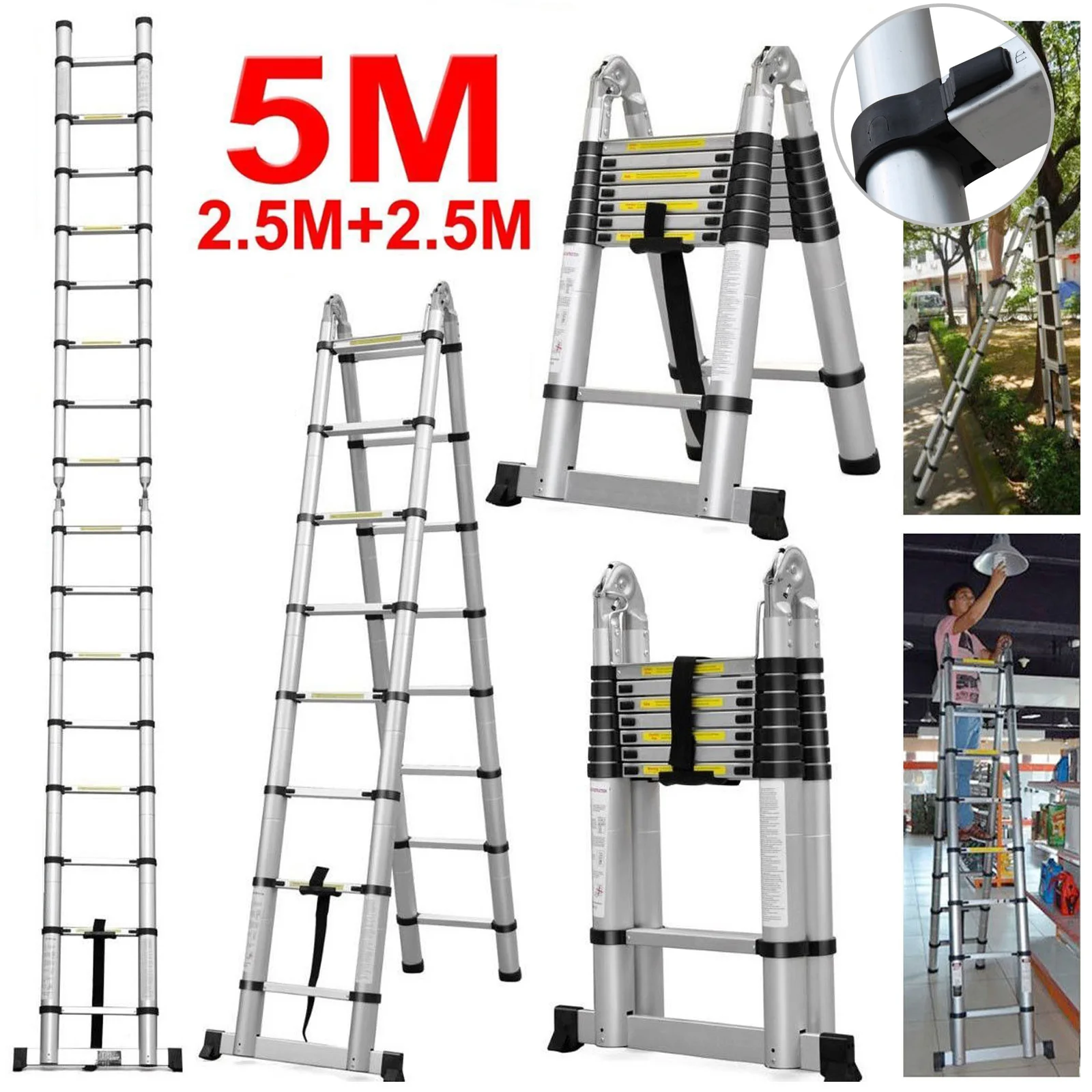16.5FT(8.2ft+8.2ft)/5M Multi-Purpose Telescopic Aluminium Ladder ...