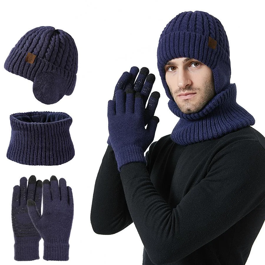Nouveau bonnet tricoté en velours pour protection des oreilles, écharpe, gants pour écran tactile, combinaison chaude, bonnet en laine chaud d'extérieur pour hommes_voghion.com