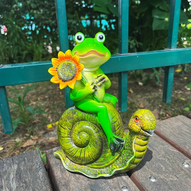 Statue d'escargot d'équitation de grenouille de bande dessinée, artisanat extérieur de résine d'animal, décorations d'art, jardin paysager illimité, 1pc 3