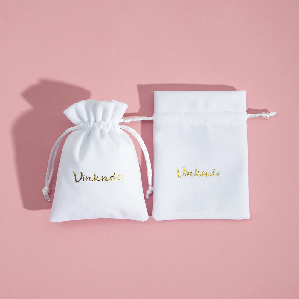Weiße Samt-Schmuckverpackung mit Kordelzug, individuelles, schickes, kleines Staub-Schmuckpaket für Weihnachten, Hochzeit, Party, Geschenktüten – Detail 5