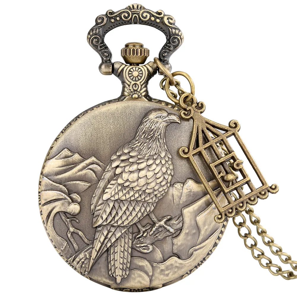 

Bronze Cliff Eagle Necklace Watch Quartz Analog Arabic Numerals Dial Vintage Pocket Clock Gift Full Hunter Timepiece