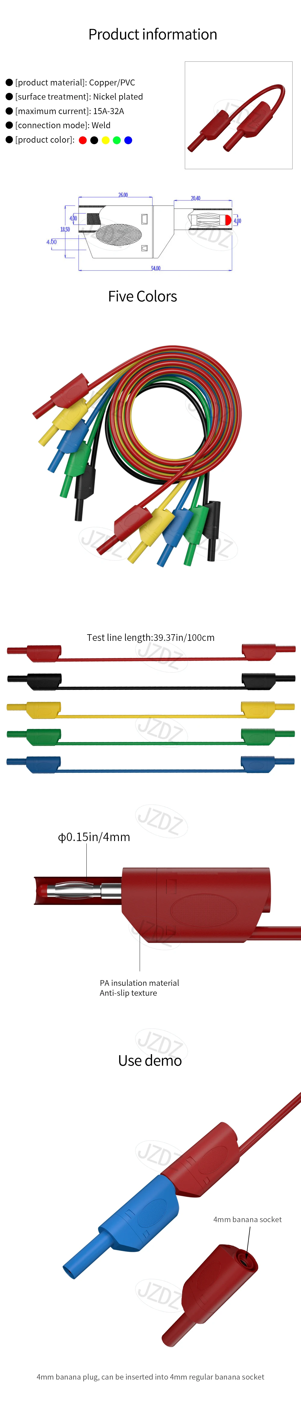 JZDZ 5 Stück Multimeter-Messleitungen, vollständig isoliert, Dual 4 mm Sicherheits-Bananenstecker, stapelbar, Kupfer-Messkabel, Drahtleitung J.70016 – Detail 1