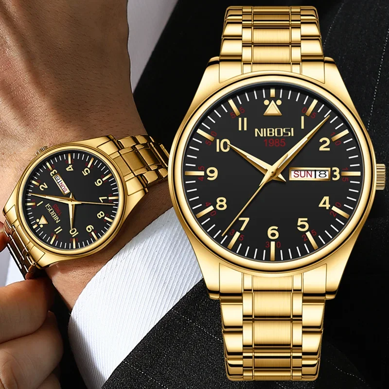 NIBOSI Fashion Luxury Men Women Watch Gold White Quartz Wrist Watch Stainless Steel Couples Clock Casual Waterproof Mens Watches
