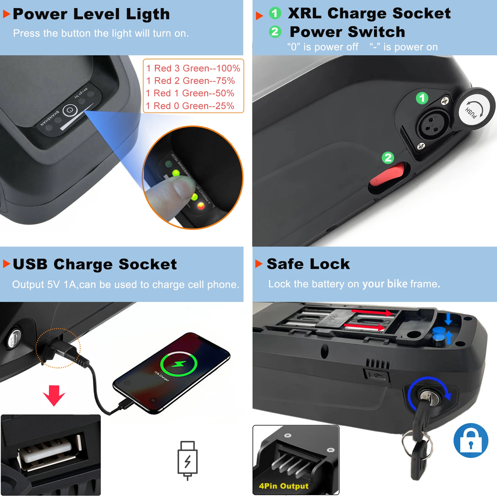 48V 20AH Down tube EBike Battery Hailong 4-pin 36V 10Ah 13Ah Electric Bicycle Battery Li-ion Ariel Rider Grizzly 350W