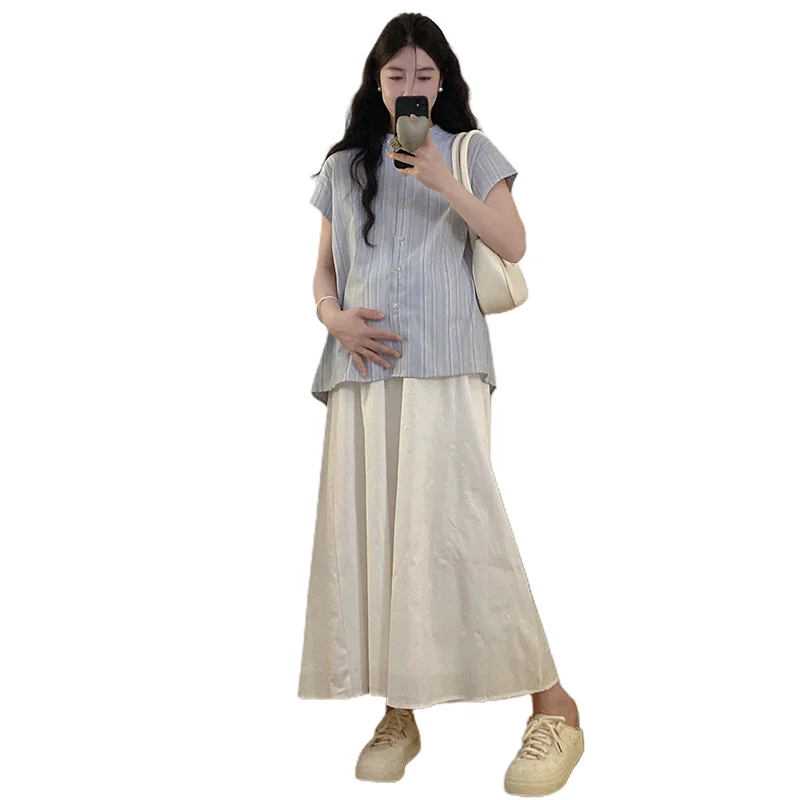 Korean Style Maternity Skirt Set Summer Short Sleeve Striped Cotton Linen Shirts Belly Skirts Twinset Pregnant Woman Clothes Set