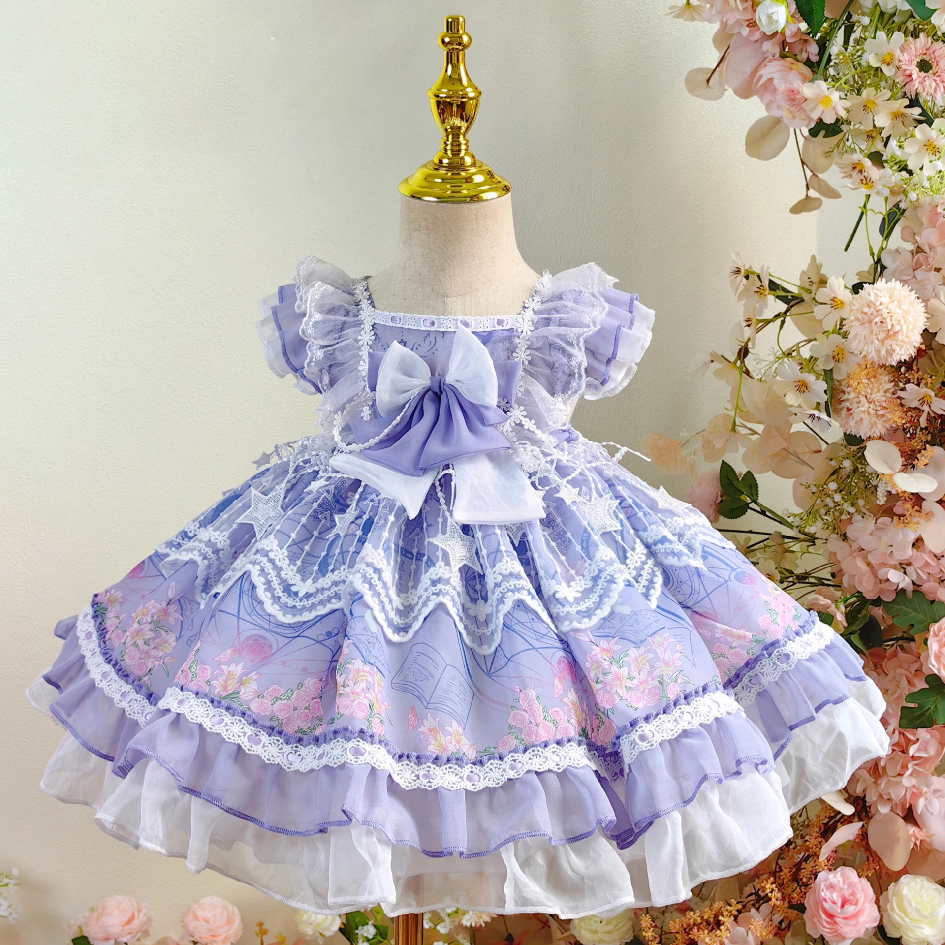 Exclusive creation Baby Spanish purple Lolita Princess Ball Gown bowknot lace headdress Design Birthday Party Girl evening dress