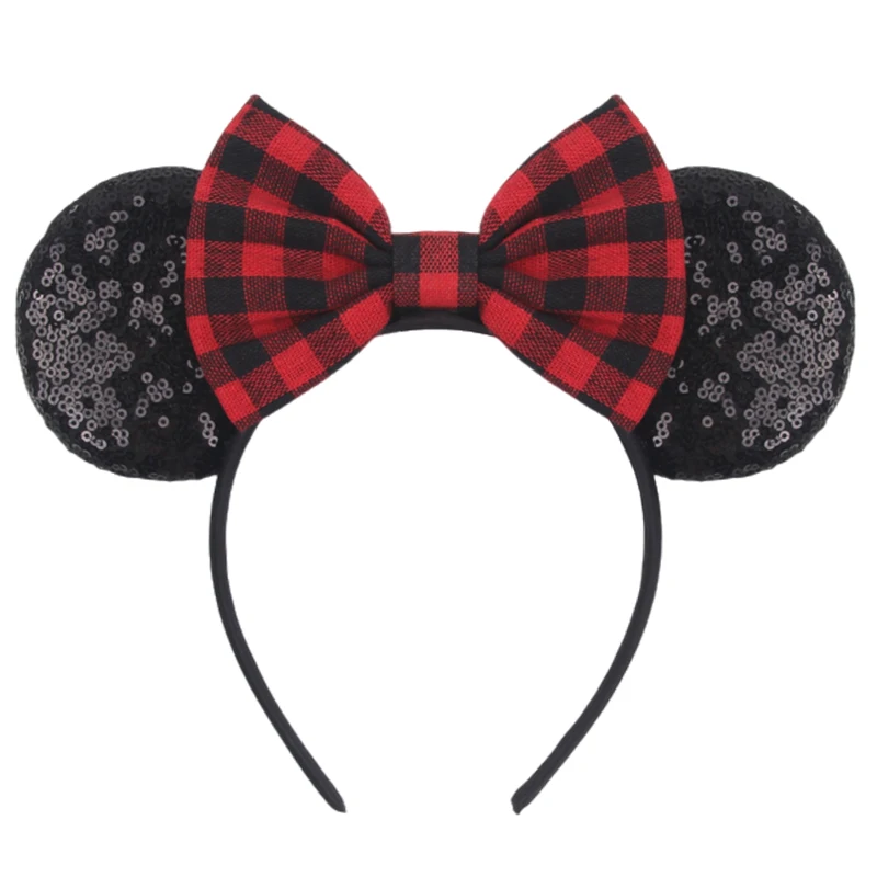 Vintage Cotton Plaid Bow Sequin Mouse Ears Headband Christmas Hairband DIY Festival Hair Accessories Xmas Party Decoration New