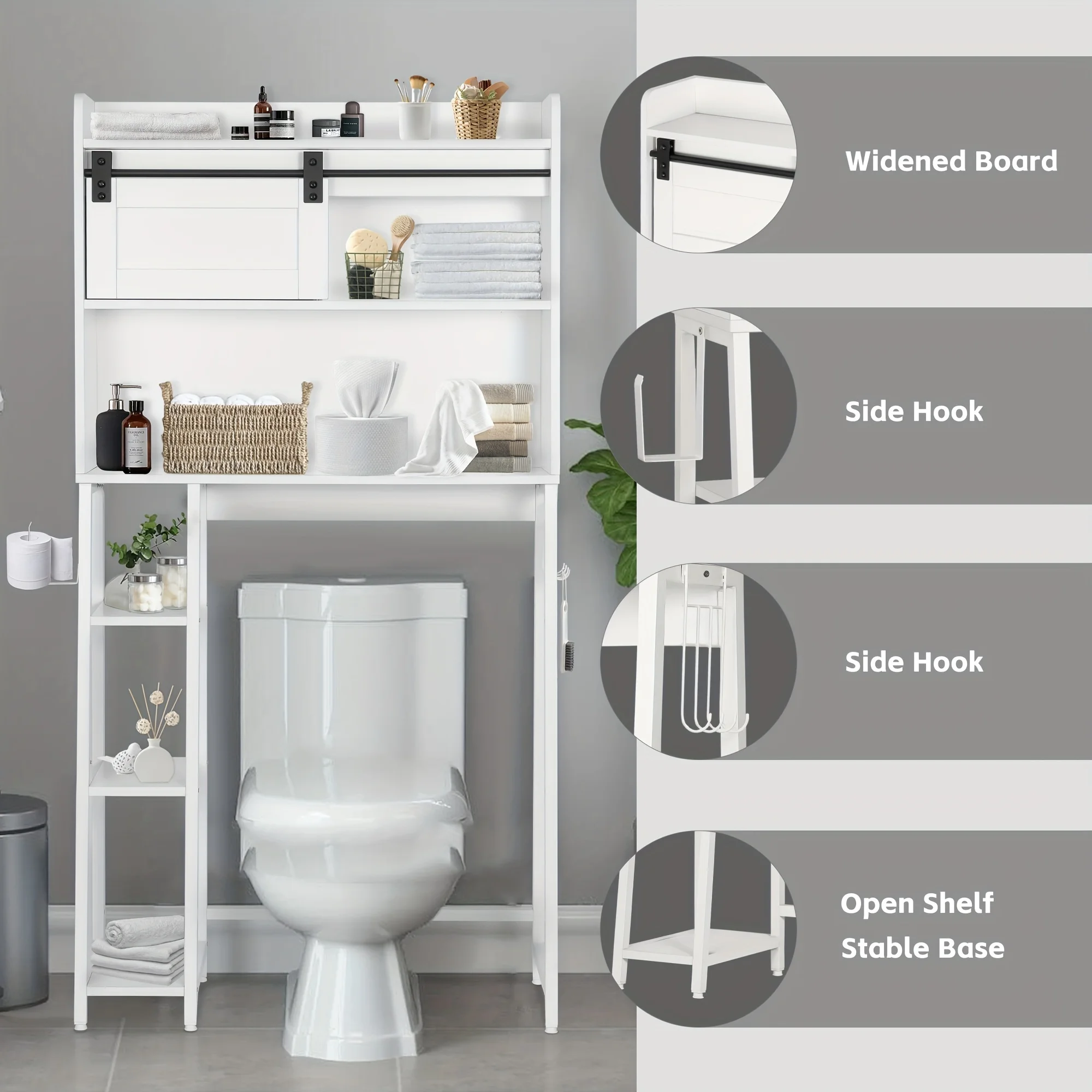 

SULIVES Over The Toilet Storage with Cabinet, Sliding Barn Door, Side Storage Open Rack, Mass-Storage Over Toilet with Hooks Bat