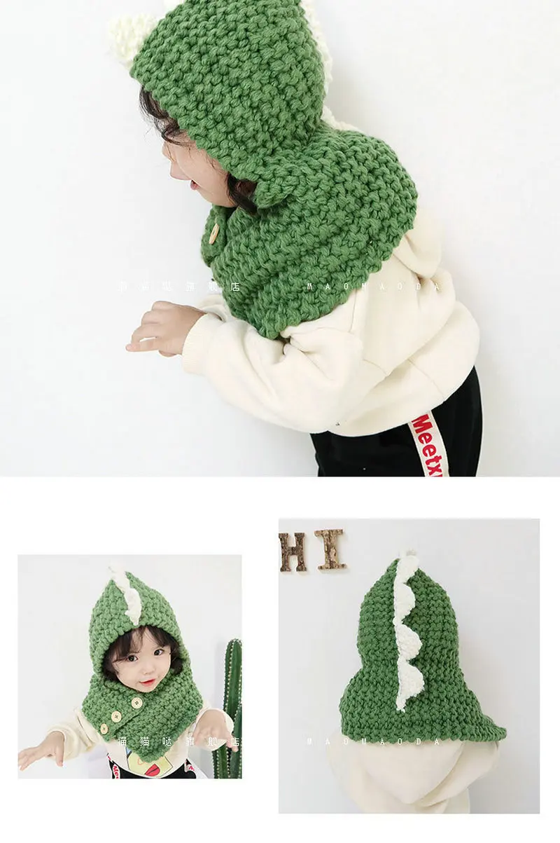 Kid Handmade Dinosaur Hat Children Eleka Knitted Cap Boy Girl Neckchief Tubular Scarf 3 Buttons Loop Shawl and Beanie_voghion.com