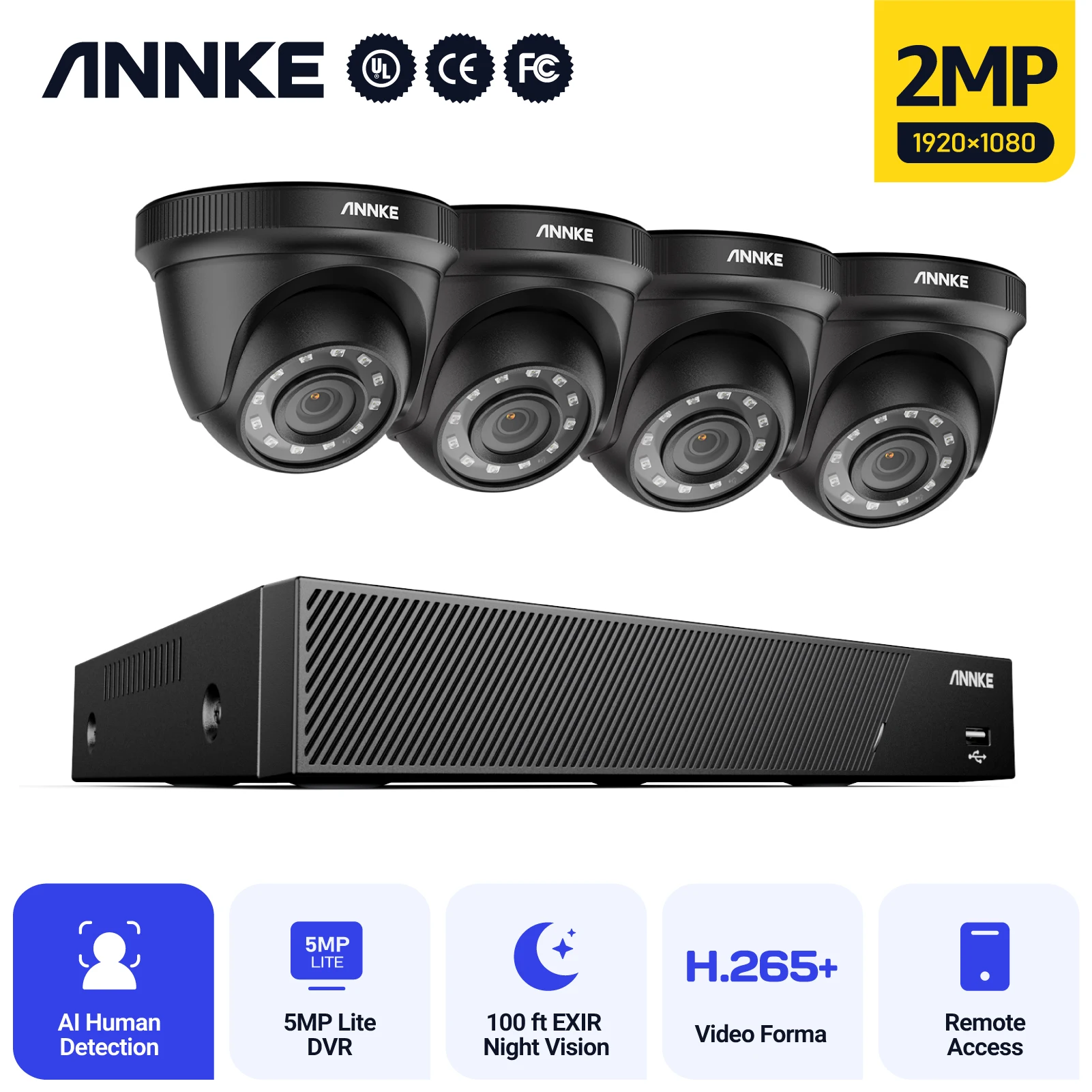 

ANNKE 8CH 5MP 6-in -1 DVR Indoor Outdoor 4 Cameras Security Recording System Human Detection Face Detection Cameras CCTV Kit