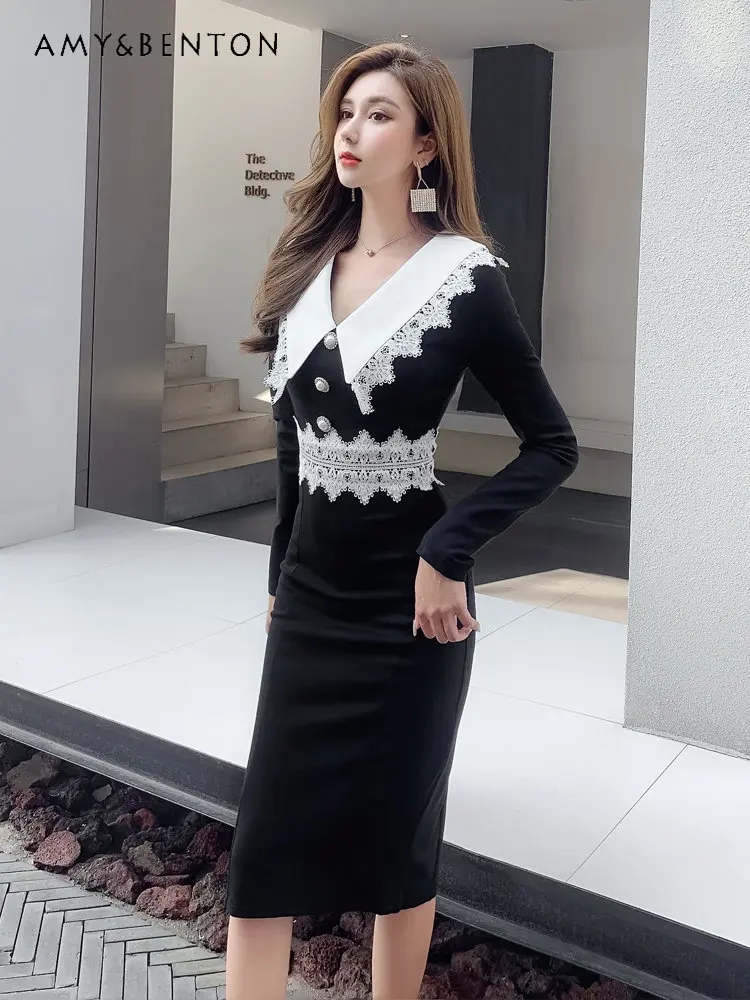 

Light Luxury Socialite Black Dress French Minority Vintage Dress Doll Collar Lace Edge Lapel V-neck Color-Block Slim Dress