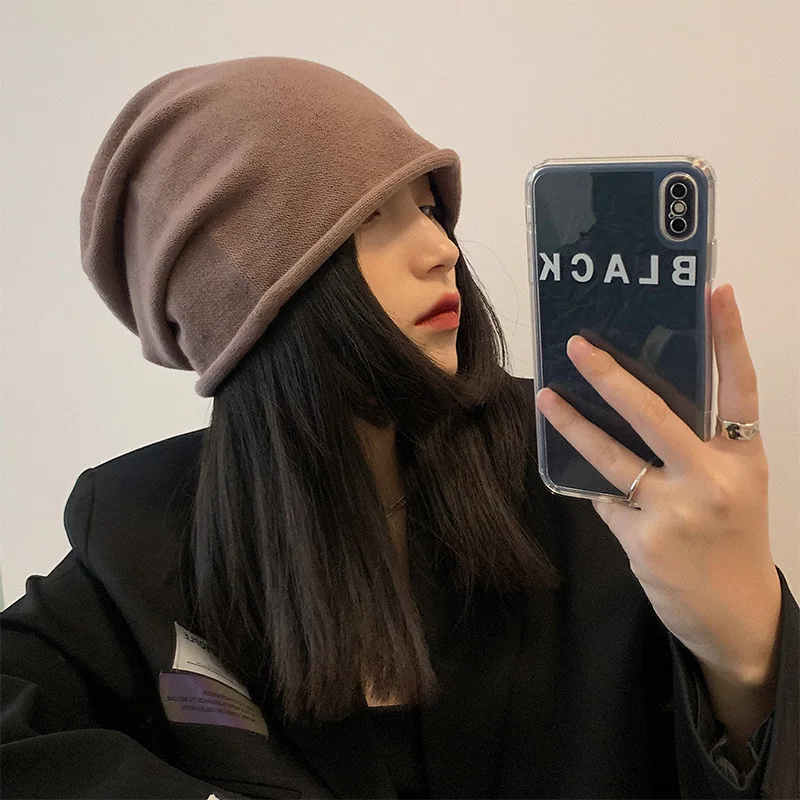 

Knitted Hats Women's Autumn And Winter Pile Caps Japanese Black All-Match Big Head Circumference Baotou Confinement Men's Tide