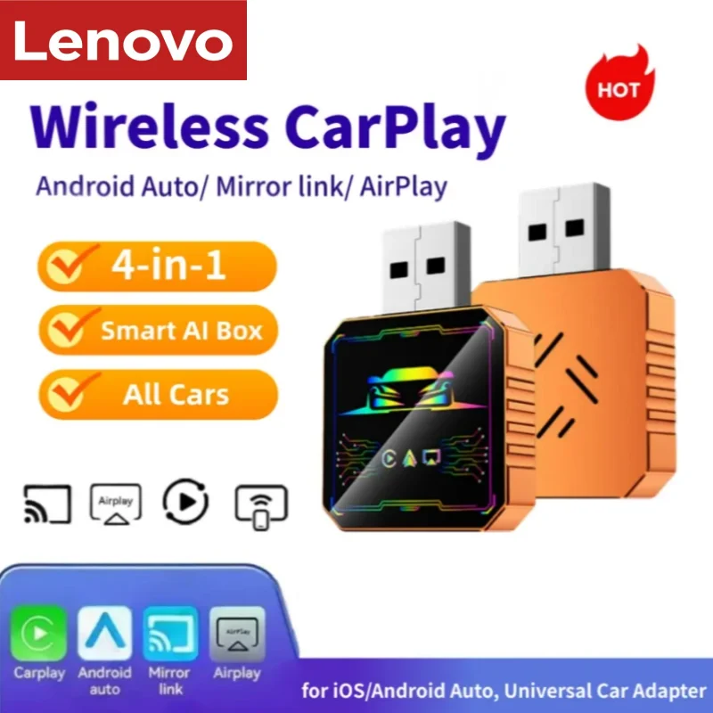 Lenovo Caja Inalámbrica 4 en 1 para Android CarPlay, Duplica la Pantalla del Móvil al Estéreo del Auto para iOS/Android Auto, Adaptador Universal para Auto Android iOS 1