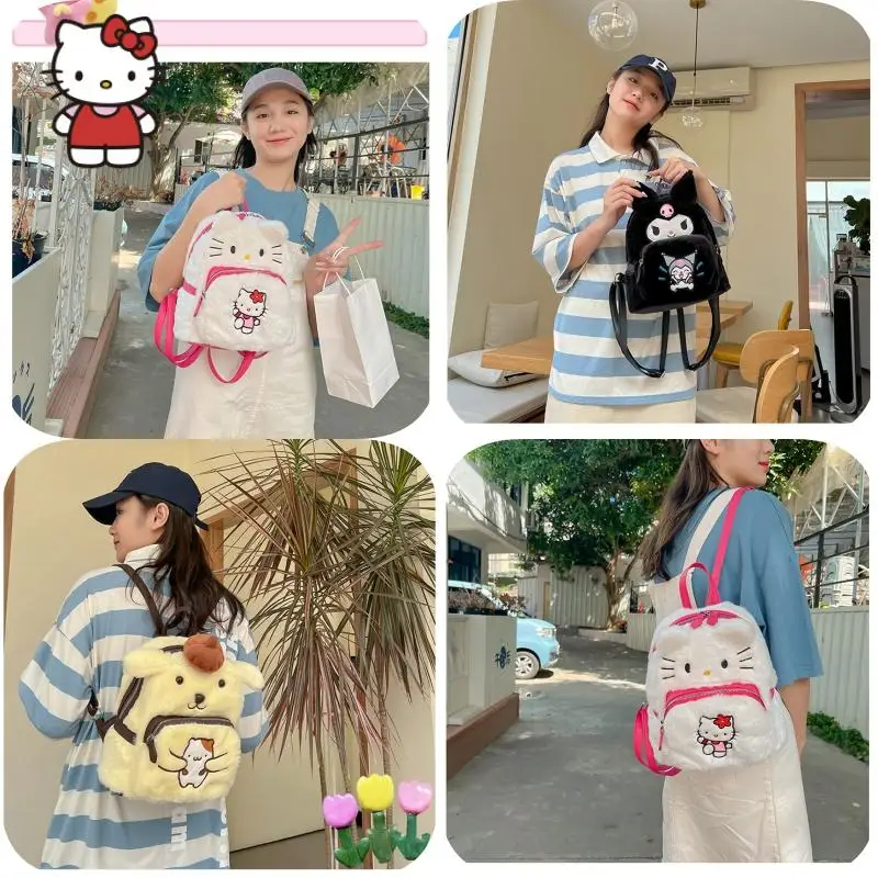 

Kawaii Cartoon MINISO Kuromi Hellokittys Purin Dog Anime Plush Backpack Cute School Bag Student Plush Bag Girls Birthday Gift