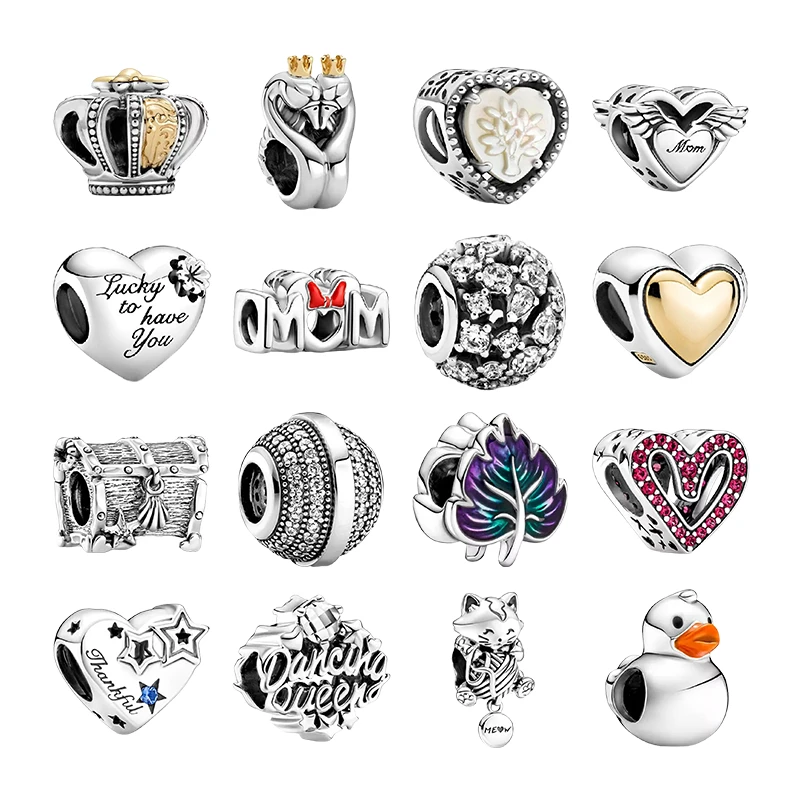 925 Silver Beads For Women Bracelets Diy Jewelry Crown Swan Heart Family Tree Angle Wings Mum Clover Leaf Star Queen Duck Charms