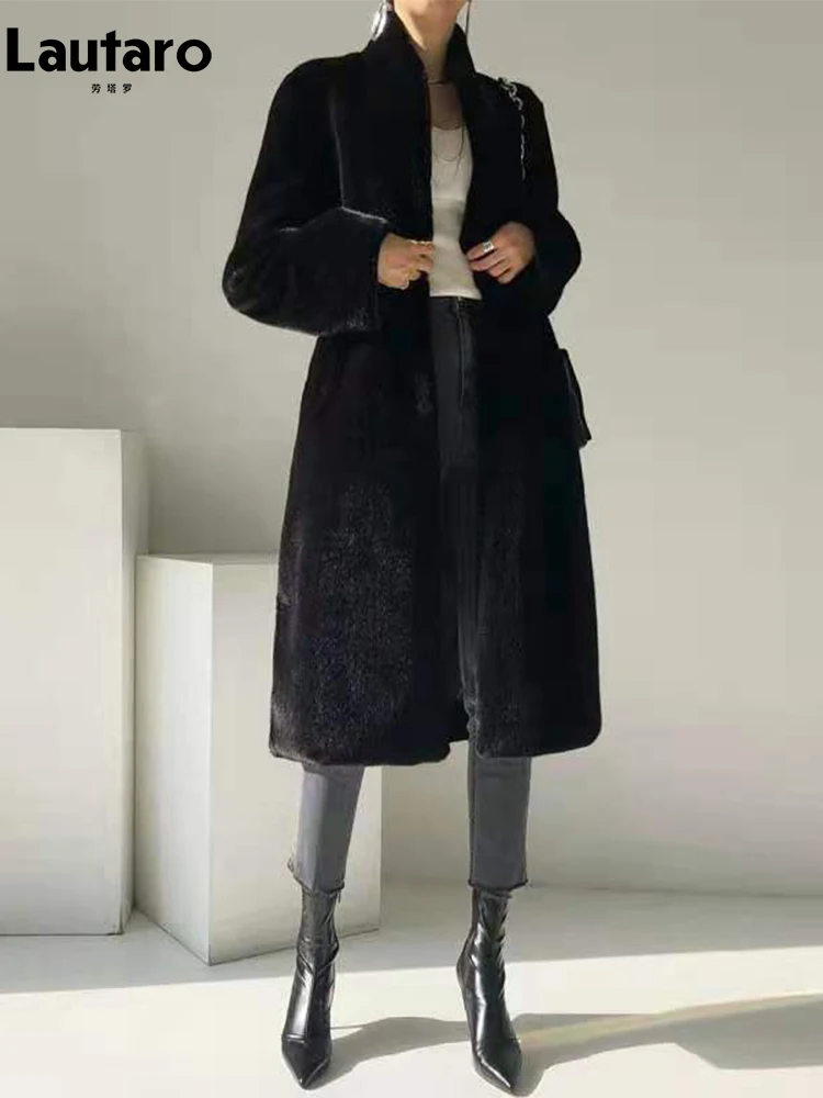 Lautaro Winter Long Black Luxury Elegant Stylish Thick Warm Fluffy Hairy Soft Faux Mink Fur Coat Women Stand Collar Sashes 2023 2