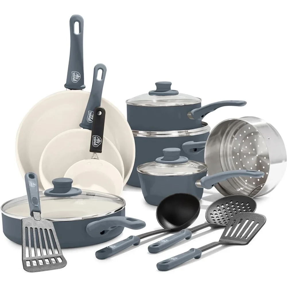 

Soft Grip Healthy Ceramic Nonstick 16 Piece Kitchen Cookware Pots and Frying Sauce Saute Pans Set, Dishwasher Safe, Quartz Gray