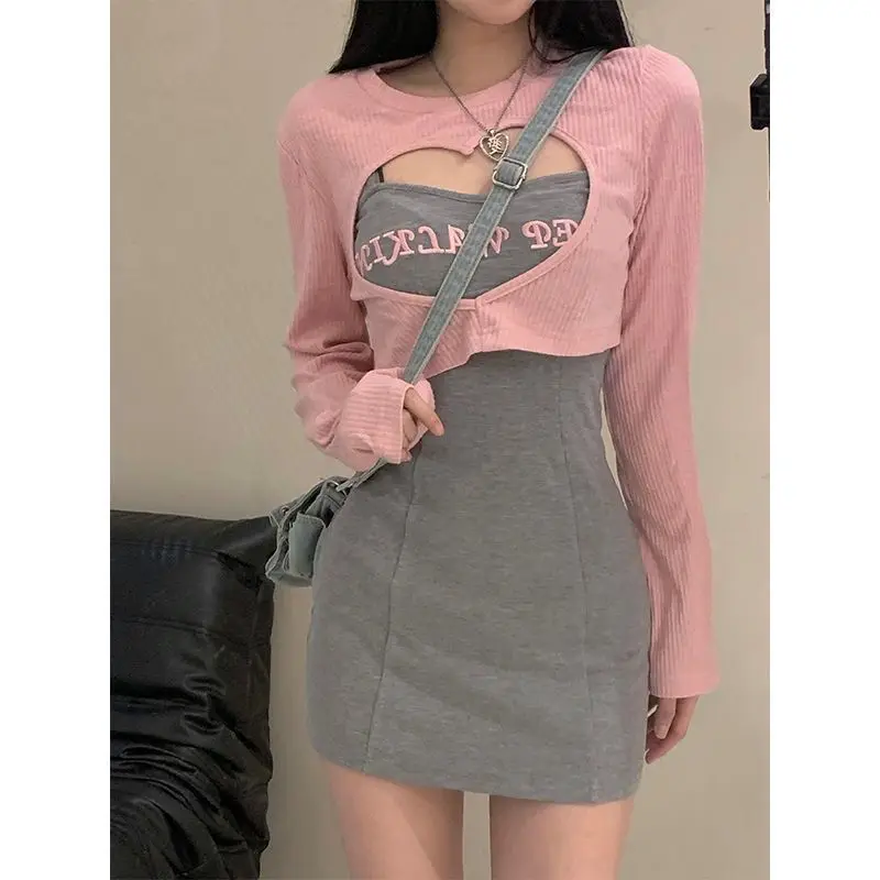 2023 Spring and Summer Fashion Korean Chic Sweet and Spicy Embroidery Wrap Hip Strap Dress Pink Hollow Out Cover Two Piece Sets cover ups dotted swiss slit button turn down collar cover up in pink size s