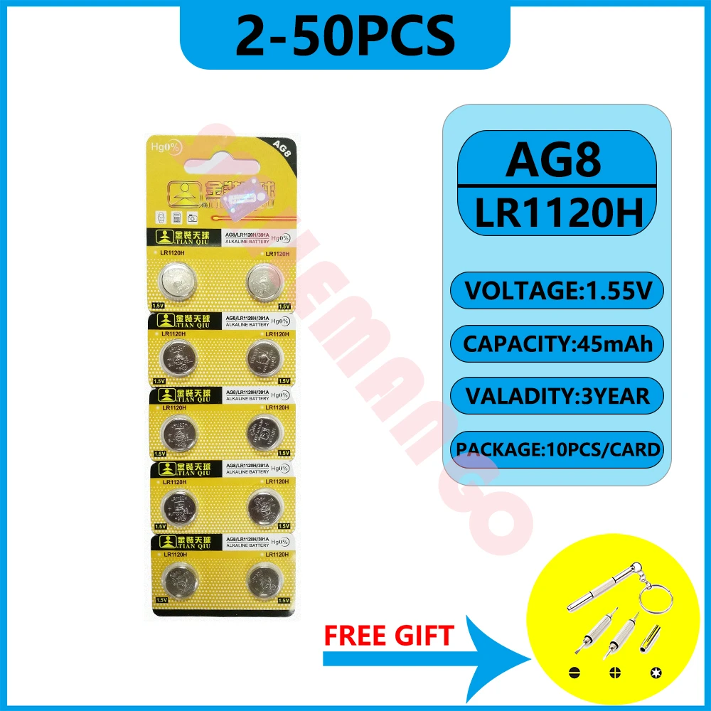 

TIANQIU Watch Battery AG8 1.5V Li-ion Button Coin Cell Batteries LR1120 391 SR1120 191 LR55 Toys Remote Camera CPU Free Shipping