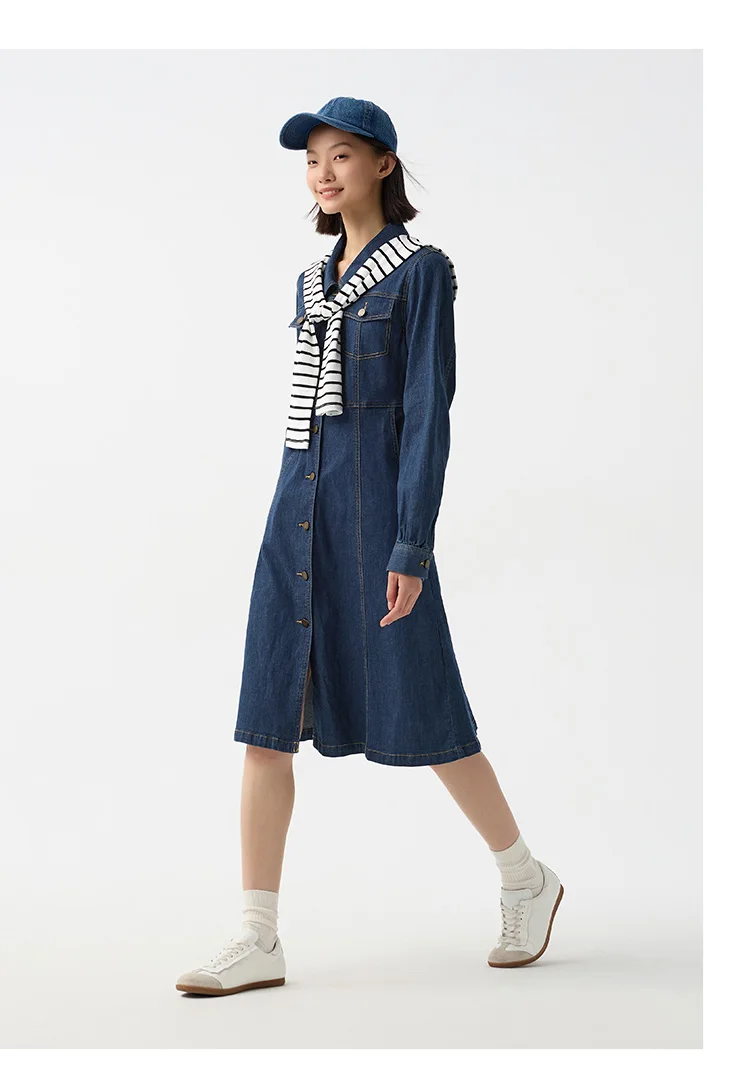 Denim Dress Women With Shawl Mid-length Dress Workwear Style in Spring