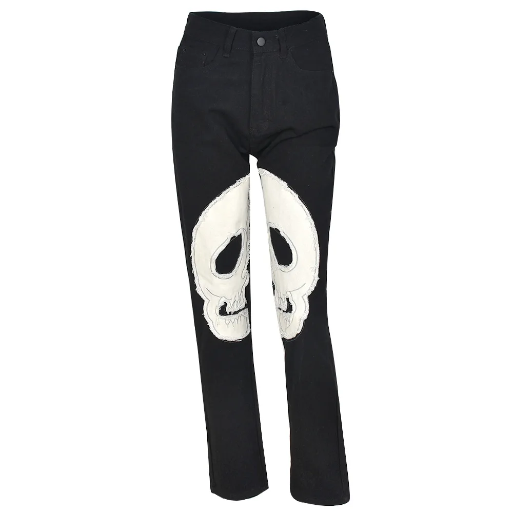 Cyber Y2k Black Skull Patterned Low Rise Jeans Women's Washed Hollow