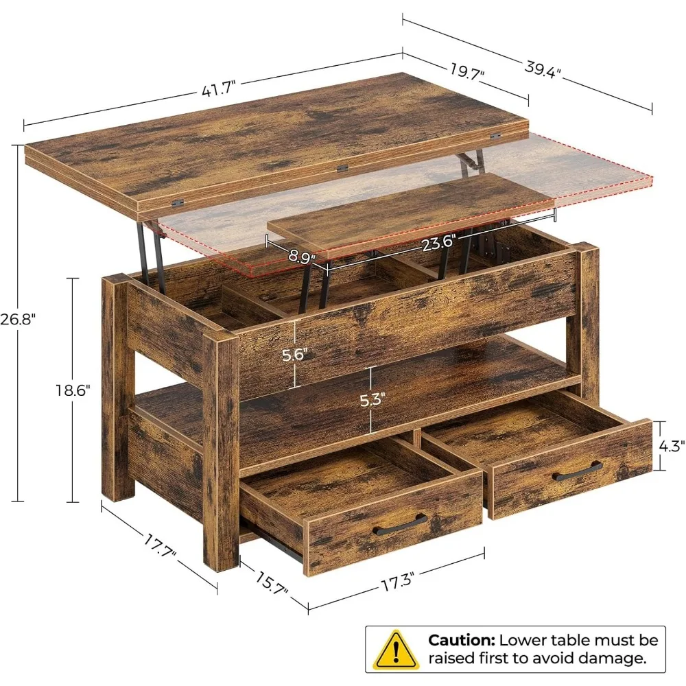 Coffee table lift top, multifunctional convertible coffee table with drawers and hidden compartments, rustic brown 3