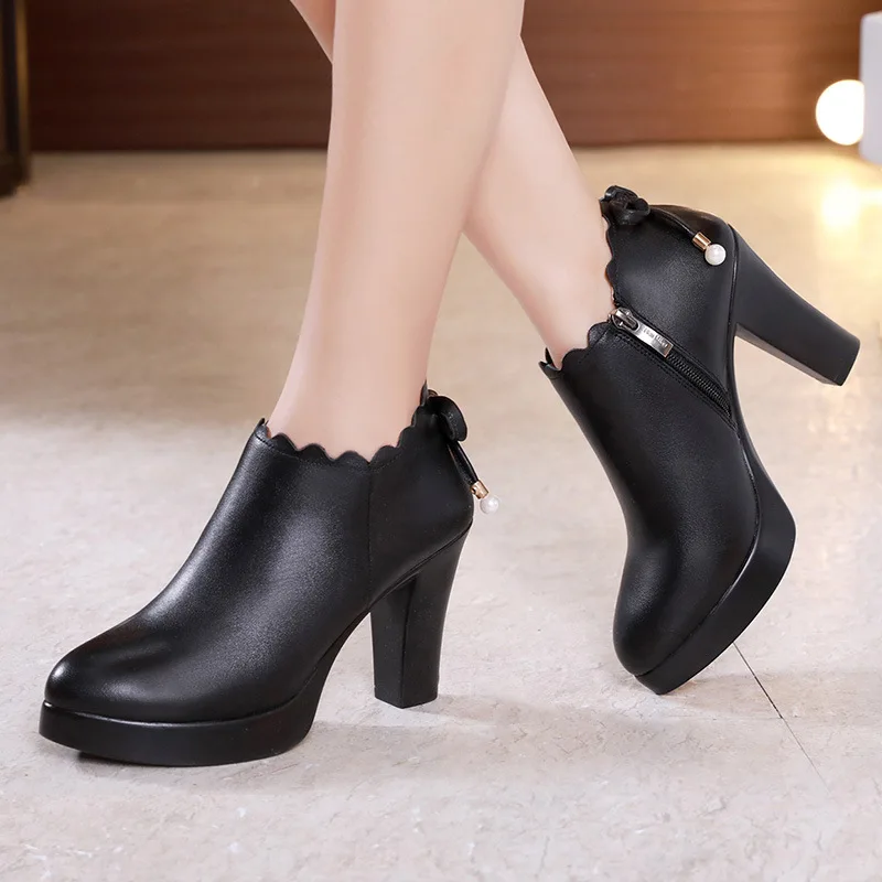 High quality short ankle leather boots for women  8.5cm high heel platform new 2023 autumn winter  33 42 43 elegant shoe - black