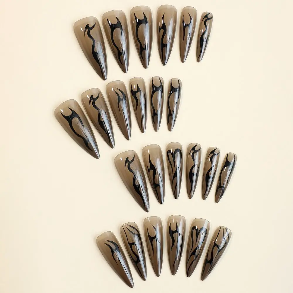 Fashion Long Stiletto False Nails French Full Cover Nail Tips Mechanical Silver Black Vine Detachable Fake Nails DIY