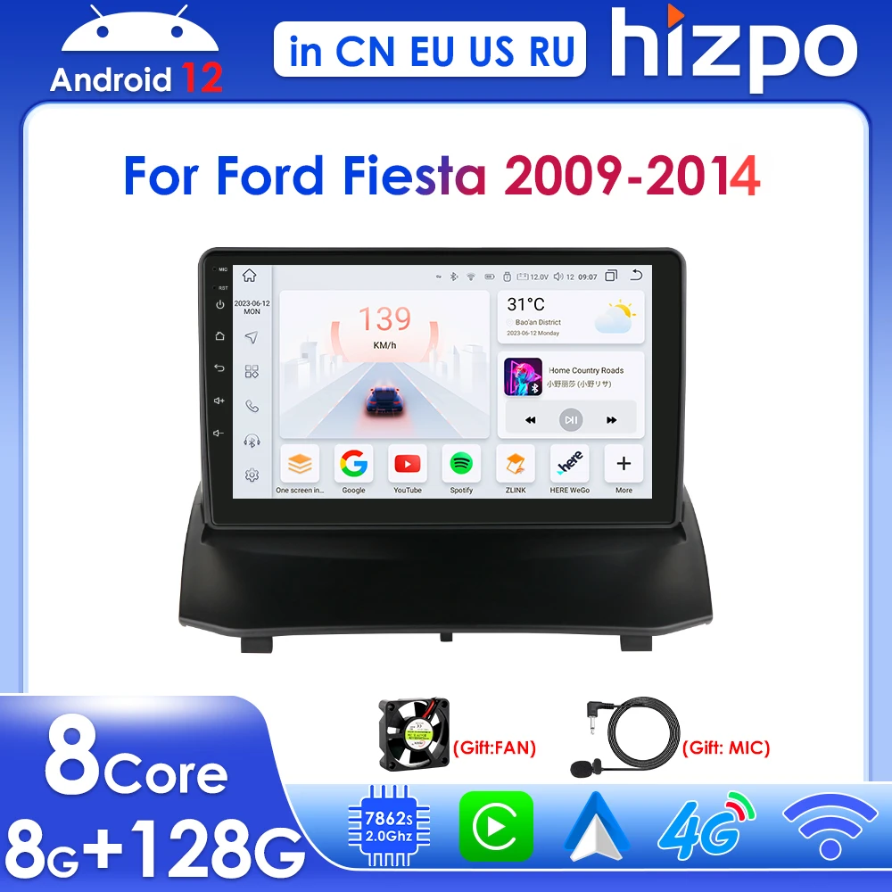 

HIZPO 9 "Carplay экран для Ford Fiesta 2009-2014 радио 2din Android 12 Автомобильный мультимедийный плеер GPS 4G BT SWC головное устройство RDS стерео