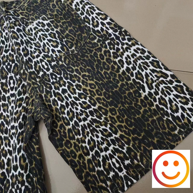 High Quality Leopard Print Denim Shorts Summer Men Women Hip Hop Outside Casual Shortpant