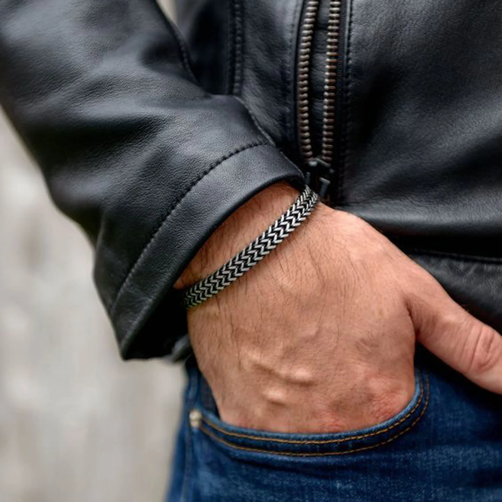 Acciaio Braccialetto del Franco Link, Barbozzale, Bracciale Uomo, Testa di Lupo O-ring Chiusura a Molla Finitura Ruvida