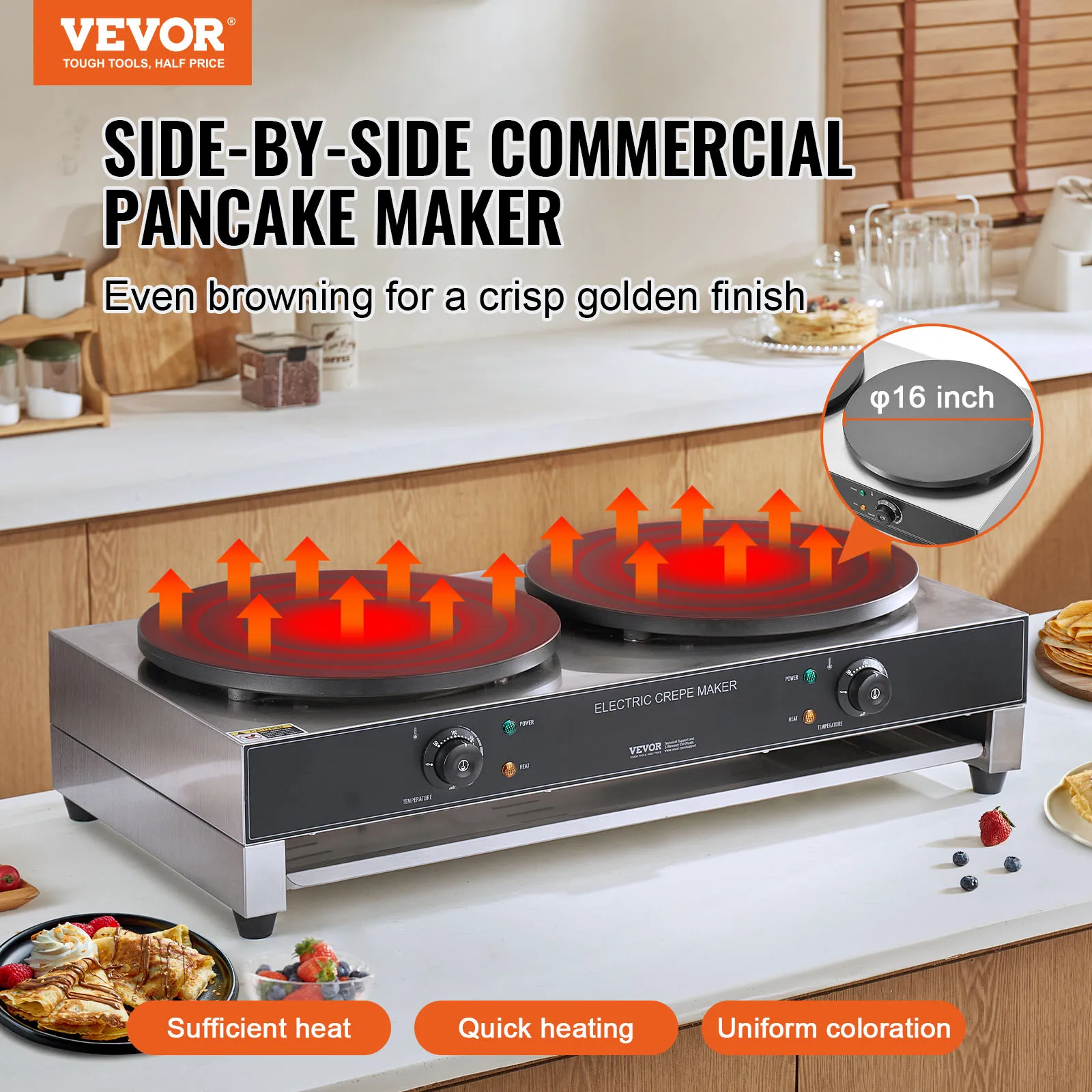 SucceBuy 16inch Electric Crepe Maker Double Head Commercial Crepe Machine 3400W Flat Plate Crepe Griddle Nonstick Pancake Stove 2
