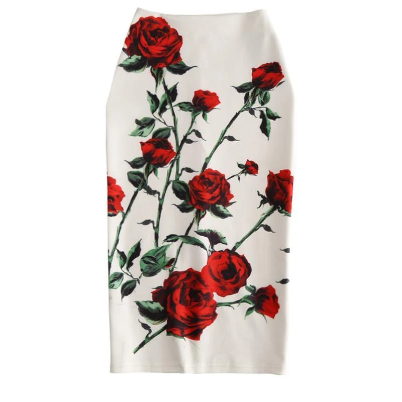 

Spring Autumn New Fashion Floral Printing A-line Skirt Women High Street Casual Slim Zipper Vintage All-match Hip Wrap Skirt