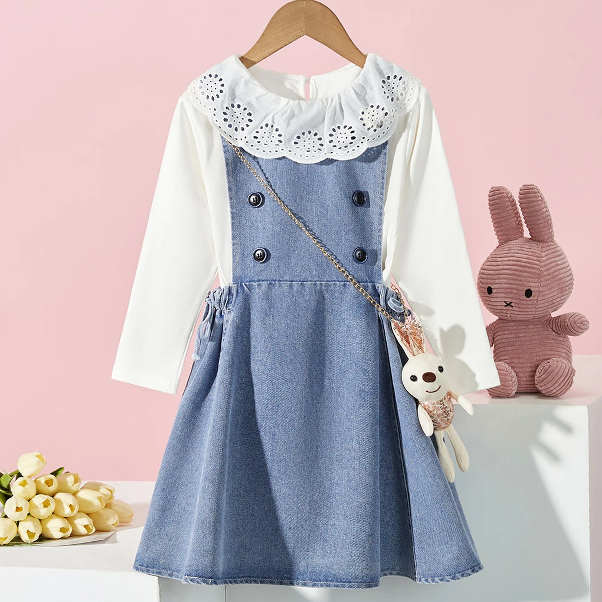 

Children Clothing sets Baby Girls School Outfits Suit Kids Clothes for Teenagers White Shirt & Denim Dress 4 6 8 9 10 12 Years
