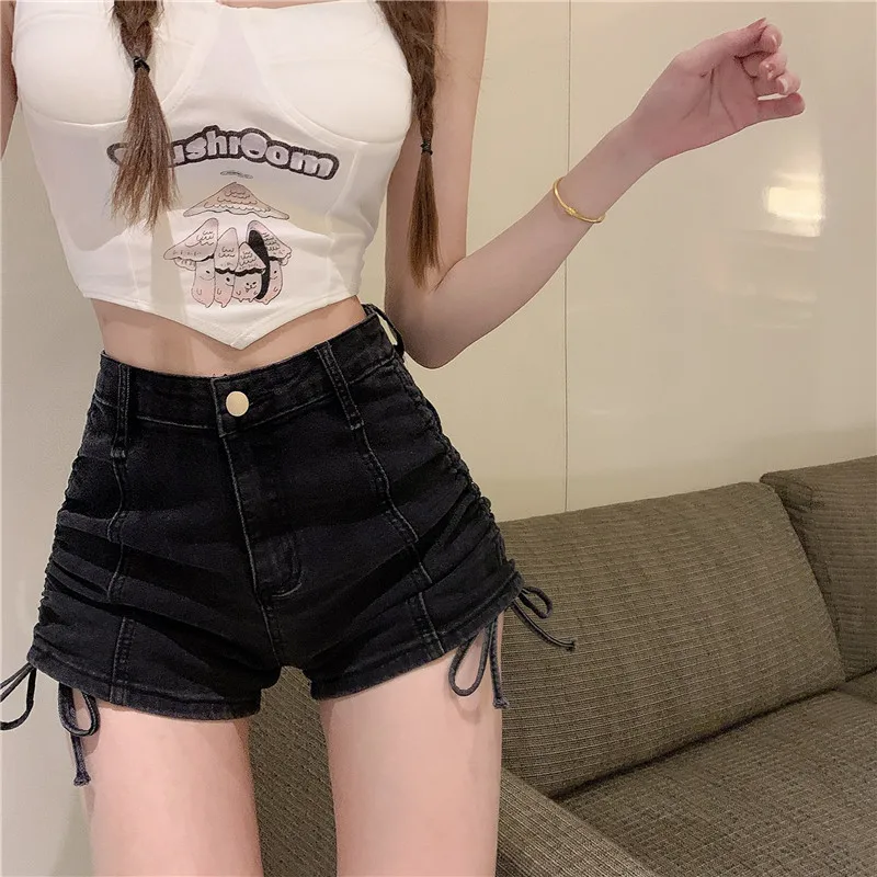 CHRLEISURE Summer Casual Shorts Woman Solid High Waist Push Up Shorts Shirring Button Fashion Slim Denim Shorts New nike pro shorts