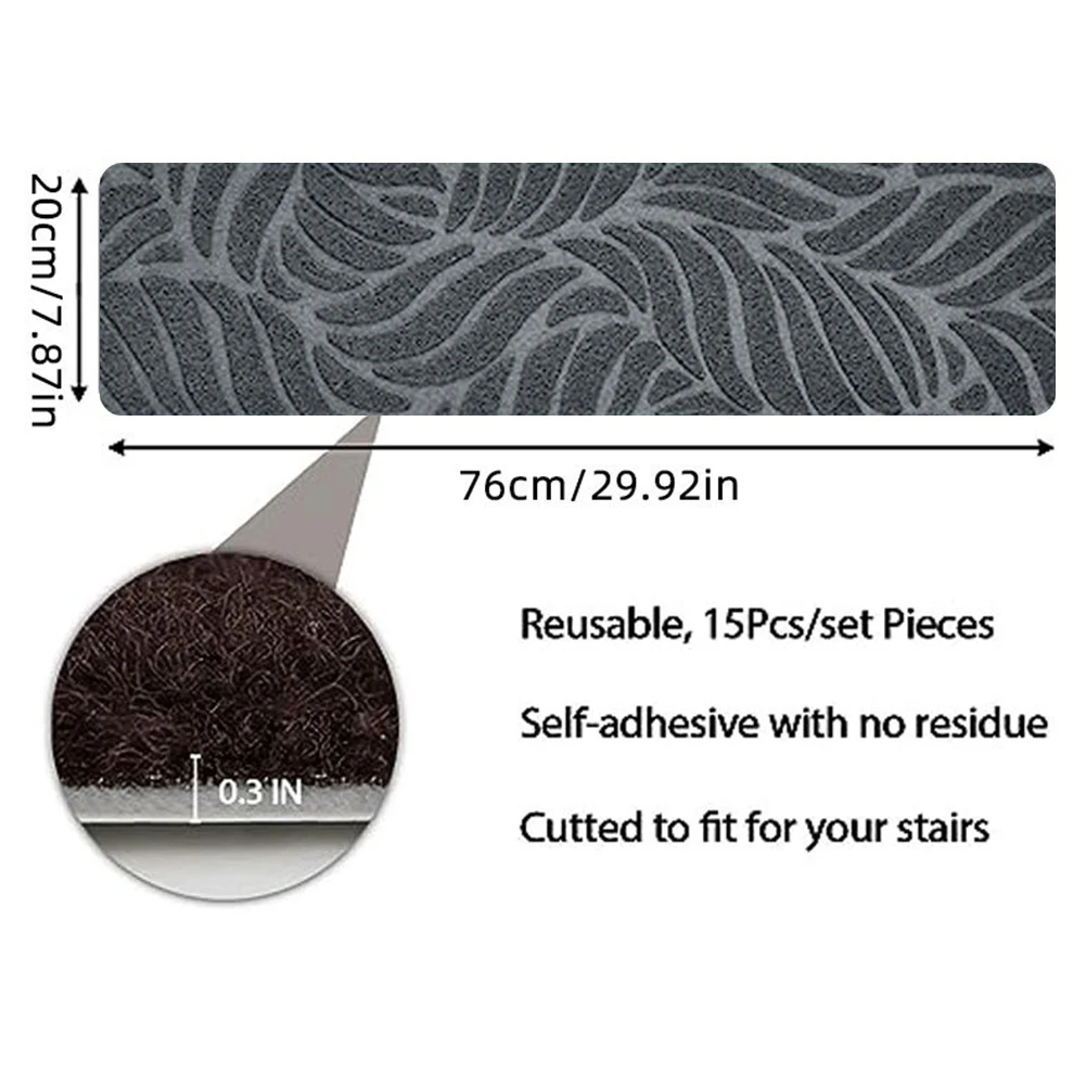 Self-Adhesive Anti-Slip Stair Treads (15 Pcs), Reusable Carpet Step Pad with TPR Backing