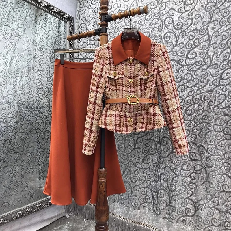 

High Quality Designer Clothing Sets 2023 Autumn Winter Coat Suits Women Plaid Coat Jackets+Long Mermaid Skirt Sets Female 2 pcs