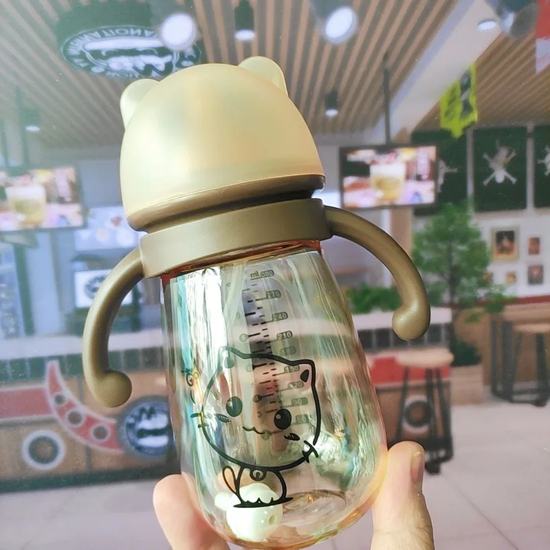 300ml PPSU Portable Double Handle Infant Drop-proof Baby Wide-caliber Milk Bottle Straw Handle Newborn Baby Feeding Bottle Milk Bottle Feeding Bottle