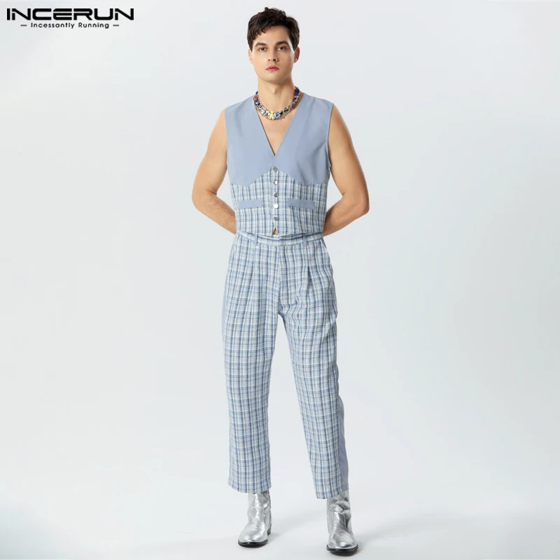 

Модный мужской комплект 2023, клетчатая уличная одежда в стиле пэчворк, жилет без рукавов с V-образным вырезом и брюки, комплект из двух предметов, мужские повседневные Костюмы