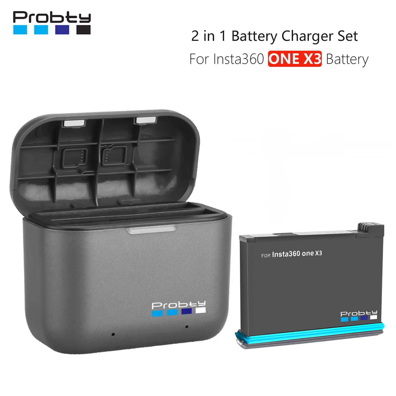 Batterie et chargeur compatibles Insta360 ONE X3 - autonomie prolongée, connectés au chargeur.