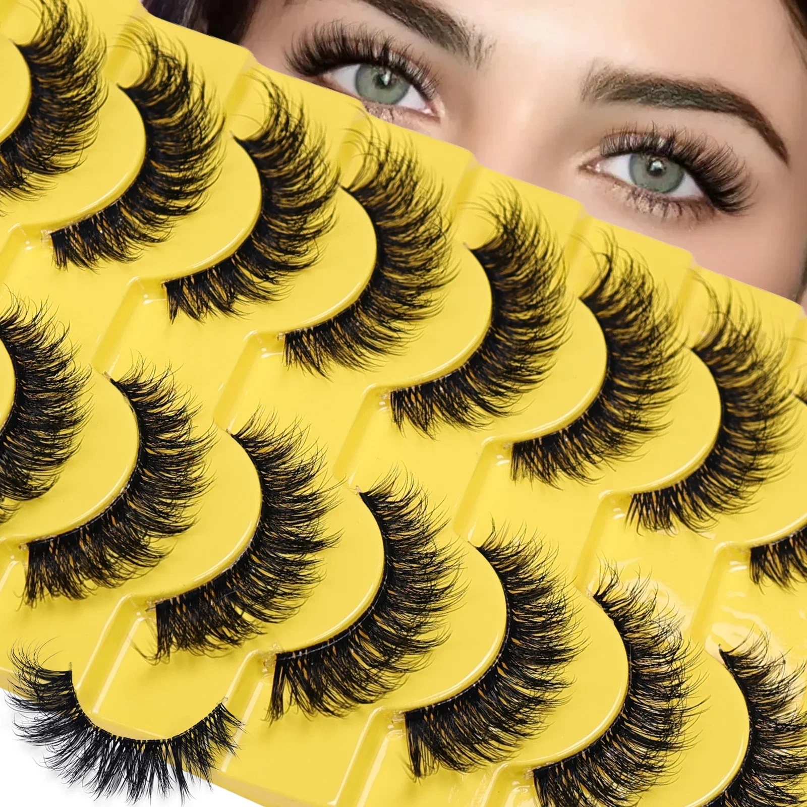10 Paar natürliche, flauschige falsche Wimpern, dünne Wimpern, 3D-Volumenstreifen-Wimpern, D-Locken, gefälschte Wimpern mit klarem Band