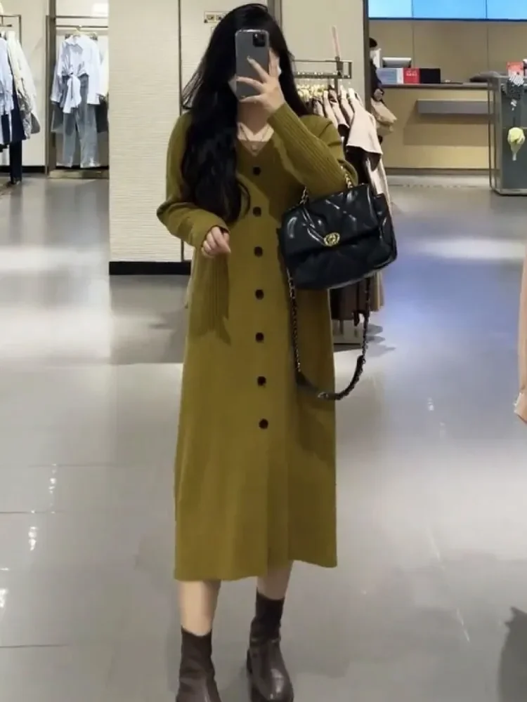 

Elegant Dresses for Women 2024 Autumn Winter New Long Sleeve Knitted Vintage Solid LOOSE Korean Fashion Sweater R292