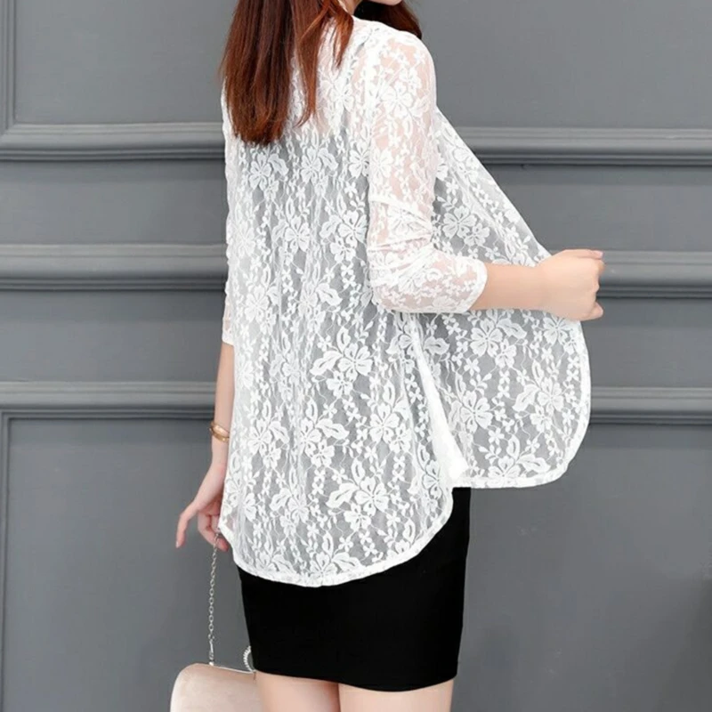 

Summer Women Lace Cardigan Sunproof Blouse Boho Style Beach Lace Chiffon Sunscreen Outwear Casual Long Sleeve Shirt Cardigan